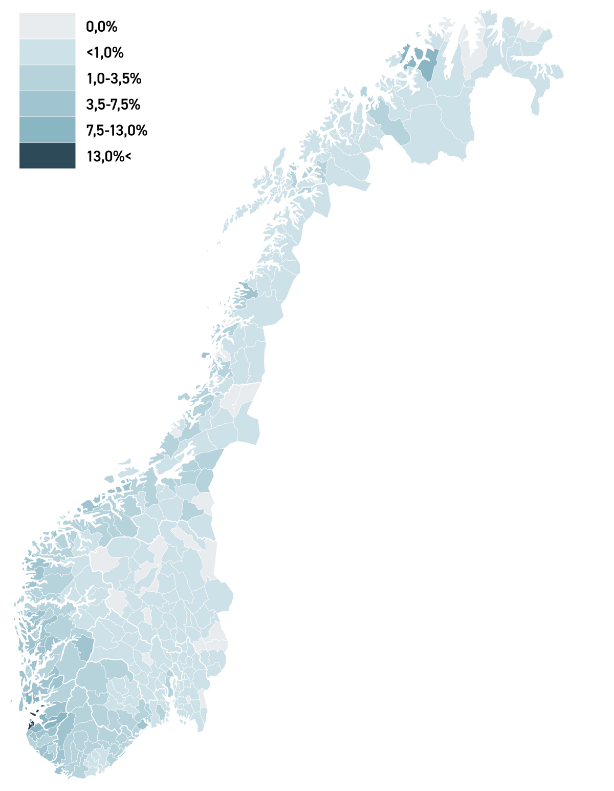 Figur 3.10 Sysselsetting i petroleumsvirksomheten, direkte sysselsatte som andel av totalt antall sysselsatte i bostedskommunen.