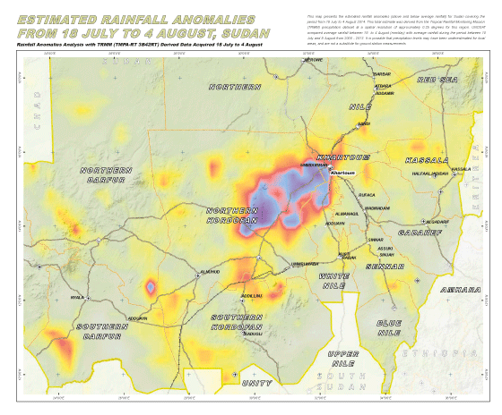 Figur 5.9 Kart som viser nedbør over gjennomsnittet under flom i Sudan i 2014, utgitt av UNOSAT. Kartet er basert på satellittdata fra samme sesong gjennom mer enn ti år (2000-2013).