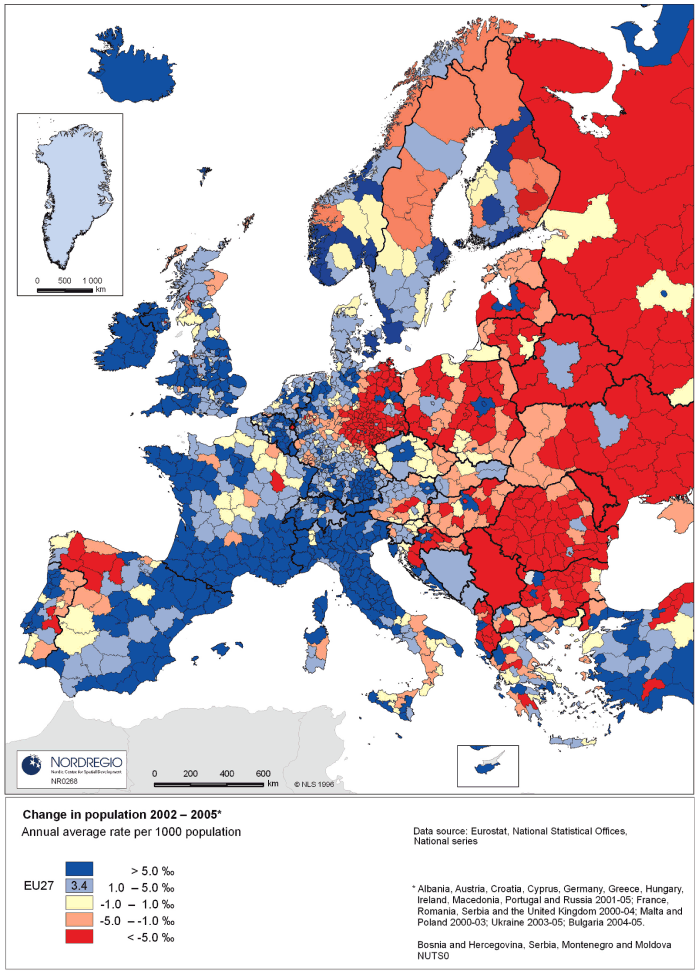 Figur 2.1 Endring i folketalet i europeiske regionar i 2002–2005