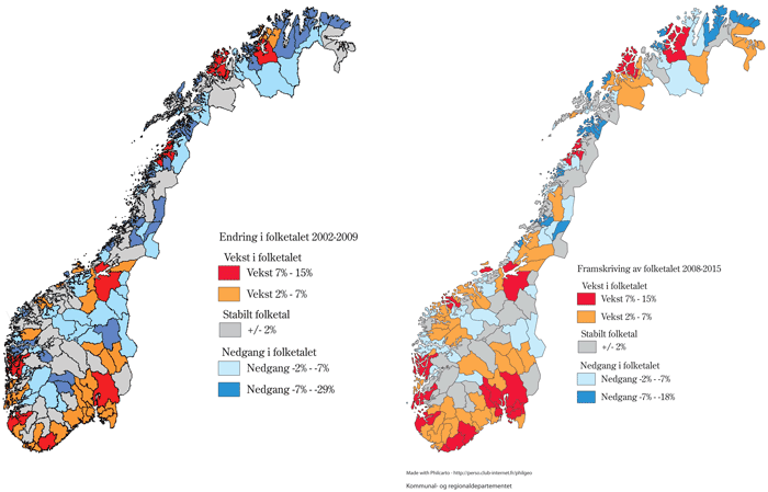 Figur 2.3 Endringar i folketalet i bu- og arbeidsmarknadsregionar (BA-regionar) 2002–2009 og endringar i folketalet i BA-regionar 2008–2015 etter mellomalternativet til SSB for framskrivingar frå 2008. For inndeling i BA-regionar sjå NIBR-rapport 2002: 20