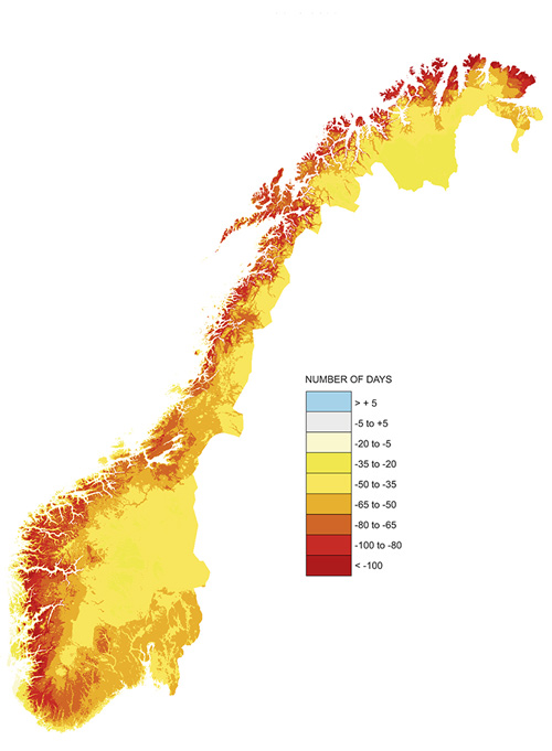 Figure 2.1 Map showing projected changes in the number of days of snow cover in Norway, 2071–21001