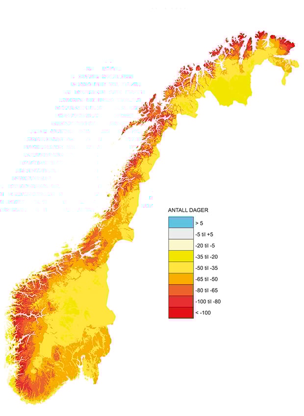 Figur 2.1 Kart over endringer i antall dager med snødekke 2071–21001