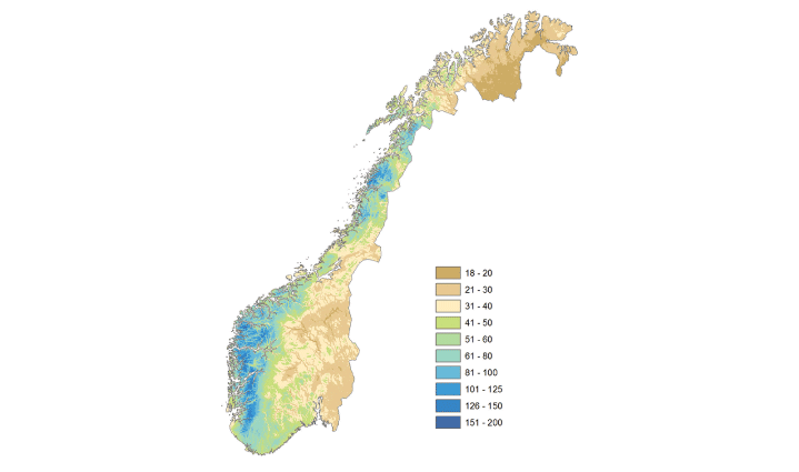 Figur 3.2 Kraftig nedbør. Ettdøgns-nedbør (mm/dag) som overstiges i 0,5 prosent av tilfellene over perioden 1971–2000