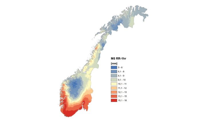 Figur 3.3 1-times nedbør (mm/time) med 5 års gjentaksintervall