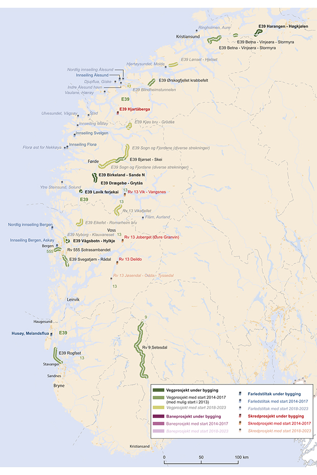 Figur 15.12 Riksveg-, jernbane- og farledsprosjekt i korridor 4