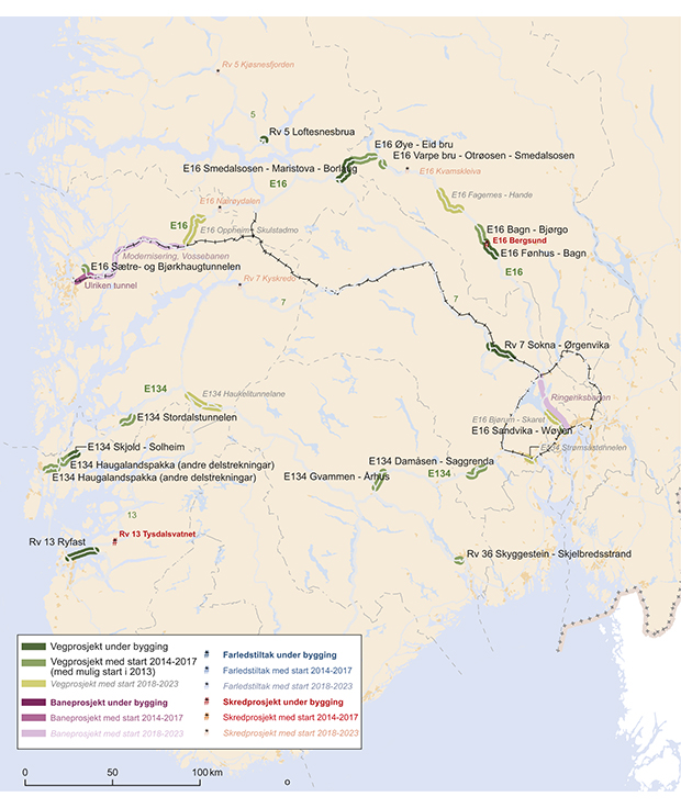 Figur 15.13 Riksveg-, jernbane- og farledsprosjekt i korridor 5