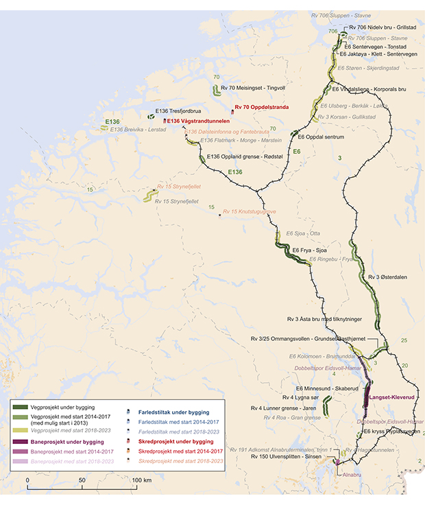 Figur 15.14 Riksveg-, jernbane- og farledsprosjekt i korridor 6