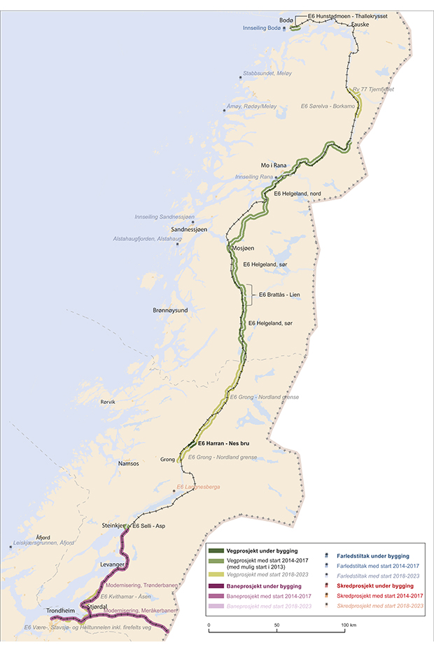Figur 15.15 Riksveg-, jernbane- og farledsprosjekt i korridor 7