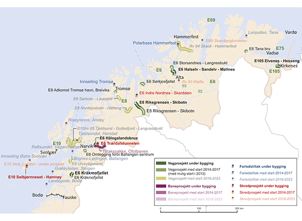 Figur 15.16 Riksveg-, jernbane- og farledsprosjekt i korridor 8