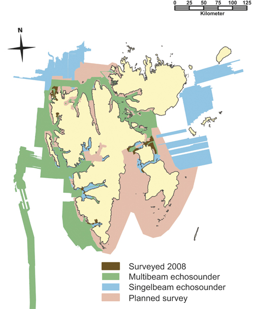 Figure 11.1 Sea surveying at Svalbard. Status and planned surveys.