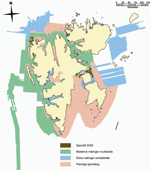 Figur 11.1 Sjøkartlegging ved Svalbard. Status og planlagt sjømåling.