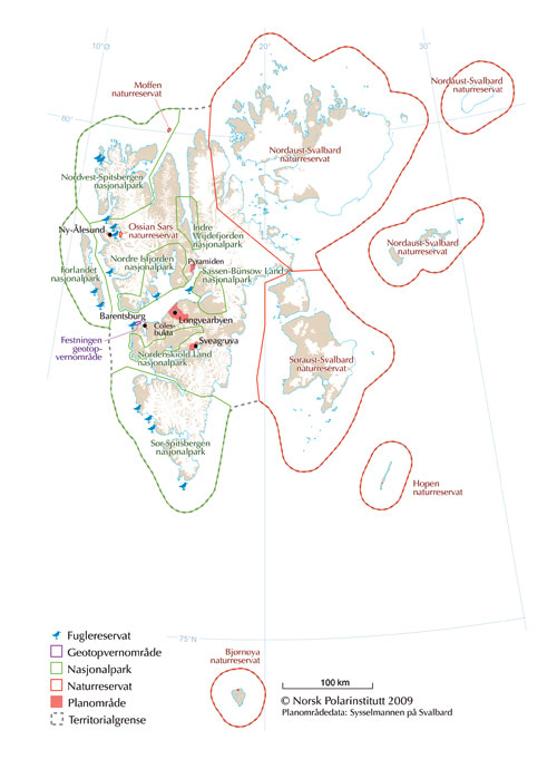 Figur 7.1 Grenser for verneområder, arealplanområder
og territorialfarvann på Svalbard.