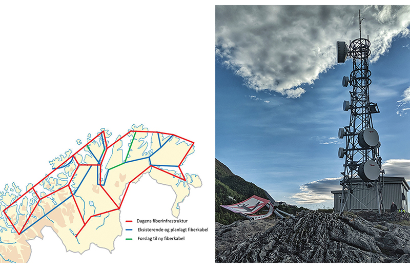 Figur 13.3 Nkom har kartlagt eksisterende og planlagt fiberinfrastruktur i Finnmark (venstre). Radiolinje er en av transmisjonsløsningene som brukes i Finnmark (høyre)