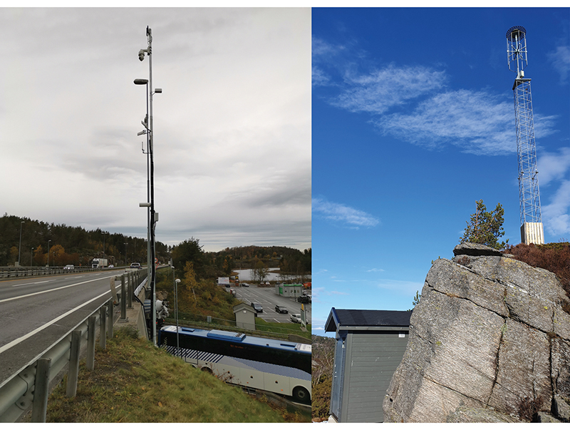 Figur 9.2 Fjernstyrt målestasjon med kapasitet til å detektere jamming av signal fra GNSS, plassert langs en hovedvei for tungtransport (venstre). Fjernstyrt målestasjon på Askøy utenfor Bergen (høyre)