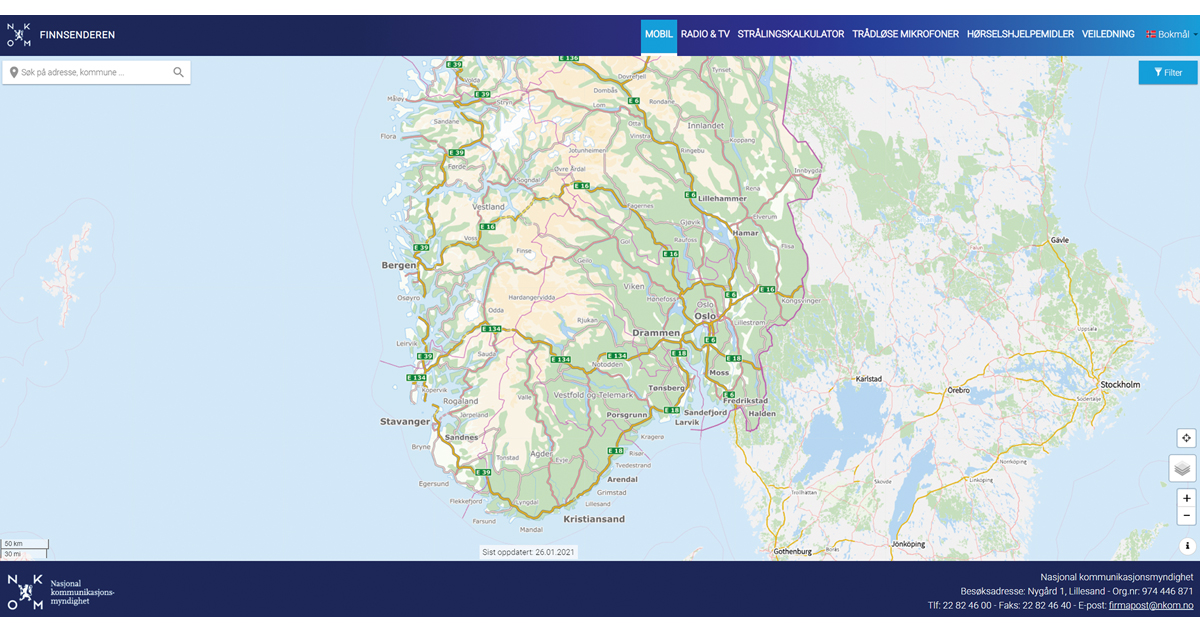Figur 9.3 Nasjonal kommunikasjonsmyndighets portal finnsenderen.no