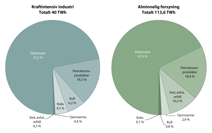 Figur 12.1 Stasjonær innenlands energibruk (uten forbruk i energisektoren), kraftintensiv industri og alminnelig forsyning, fordelt på energibærere, 2009.