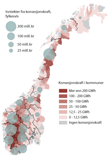Figur 6.7 Geografisk fordeling av konsesjonskraften, 2009