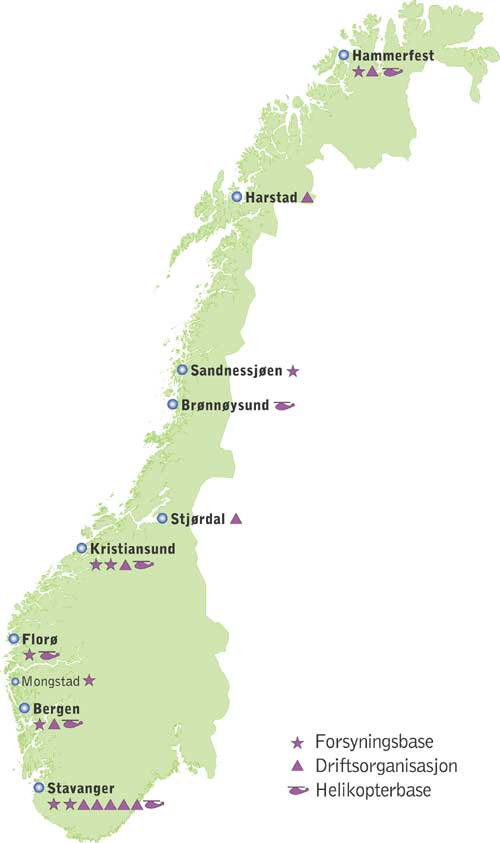 Figur 3.15 Driftsorganisasjoner, forsynings- og helikopterbaser i Norge