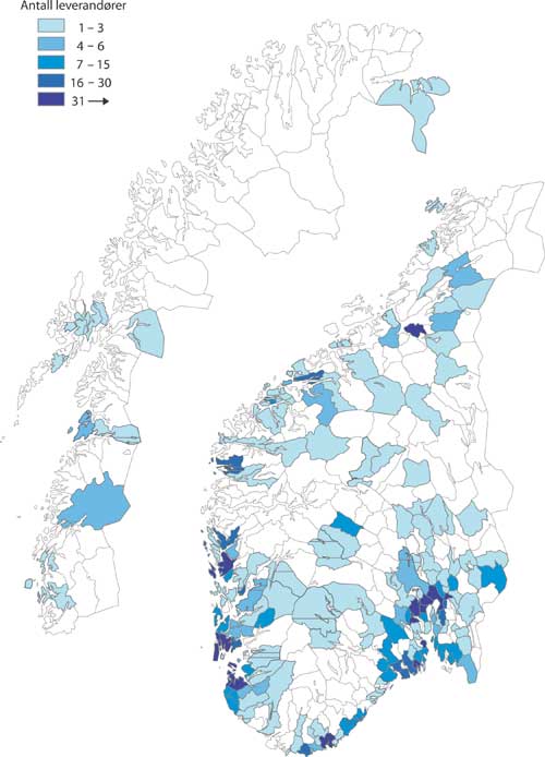 Figur 3.30 Geografisk fordeling av leverandørbedriftenes leverandørbedrifter
