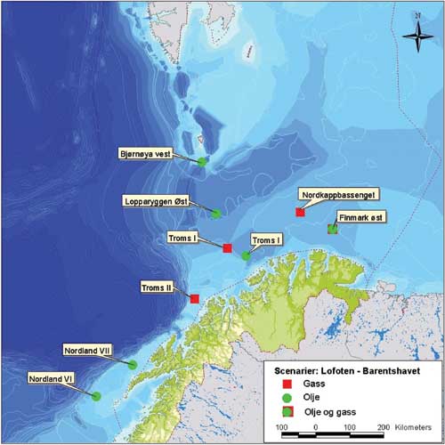 Figur 1.1 Geografisk plassering av fiktive felt som inngår i
ULB-scenariene