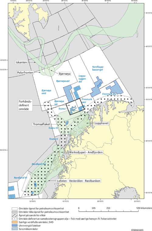 Figur 1.4 Oversikt over de høyest prioriterte særlig
verdifulle områdene (SVO) og områder foreslått
med begrensinger av petroleumsvirksomhet i forhold til fiskeriene