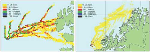 Figur 1.5 Oljens spredning over 30 døgn fra en tenkt oljeutblåsning
i Nordland VII. Bildet til venstre angir scenariet med størst
mengde olje som strander (sommersesong), mens bildet til høyre
angir et gjennomsnittlig scenario (vintersesong)