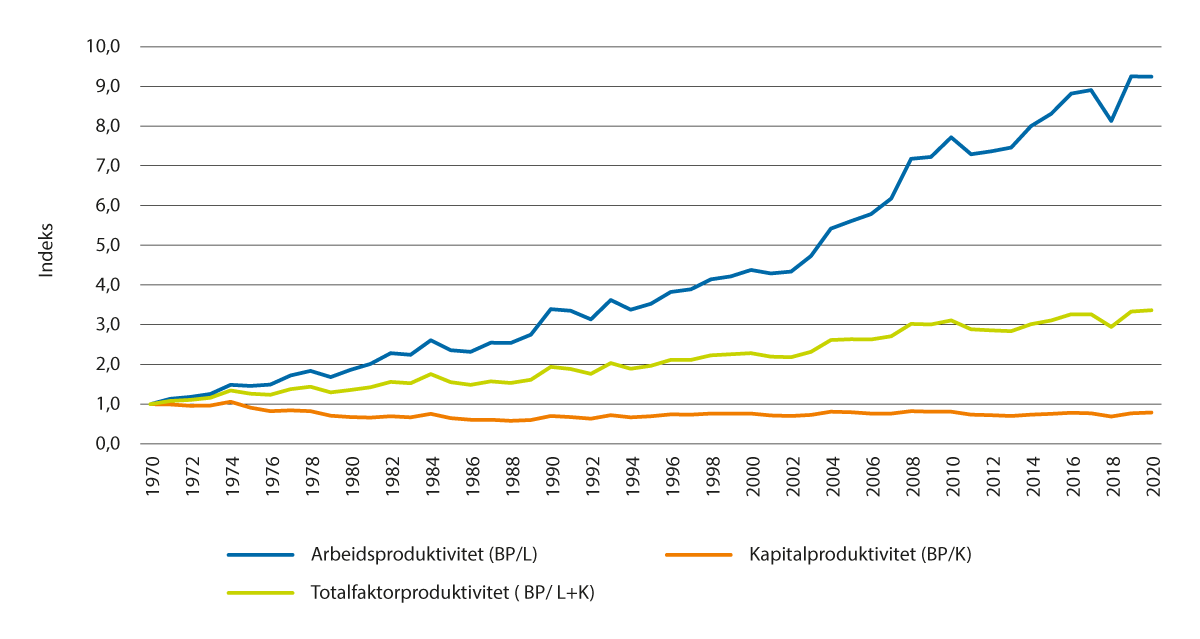 Figur 2.16 Produktivitet 1970–2020, uttrykt ved tre produktivitetsmål basert på bruttoprodukt