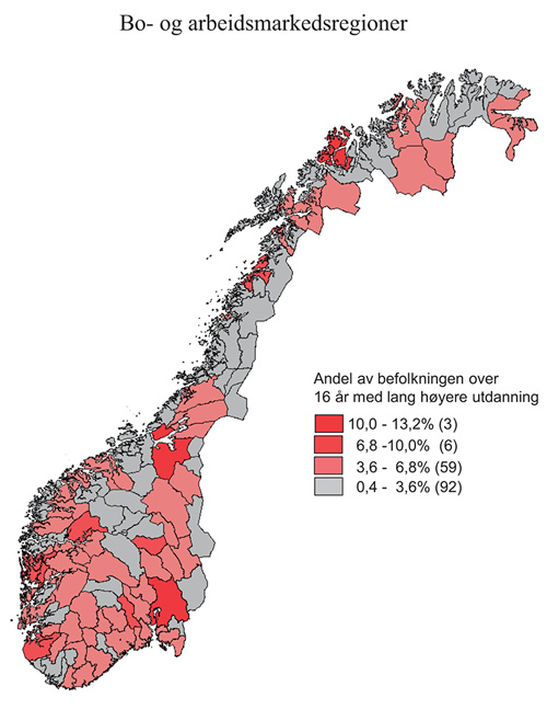 Figur 7.4 Andel med lang høyere utdanning. Bo- og arbeidsmarkedsregioner. 2014