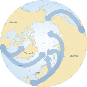 Figur 5.7 Dominerende transportveier i atmosfæren for kjemikalier til Arktis. Hovedkilden til miljøgifter i nordområdene er langtransporterte forurensninger, men også lokale kilder bidrar. Svalbard og havområdene rundt er spesielt utsatt fordi atmosfæriske for...