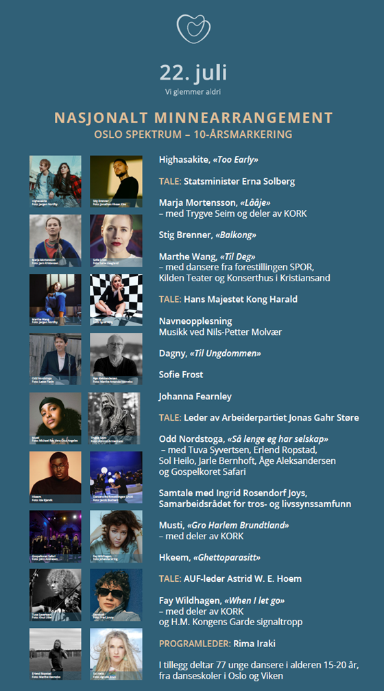 Program for minnearrangement 22. juli tiårsmarkering