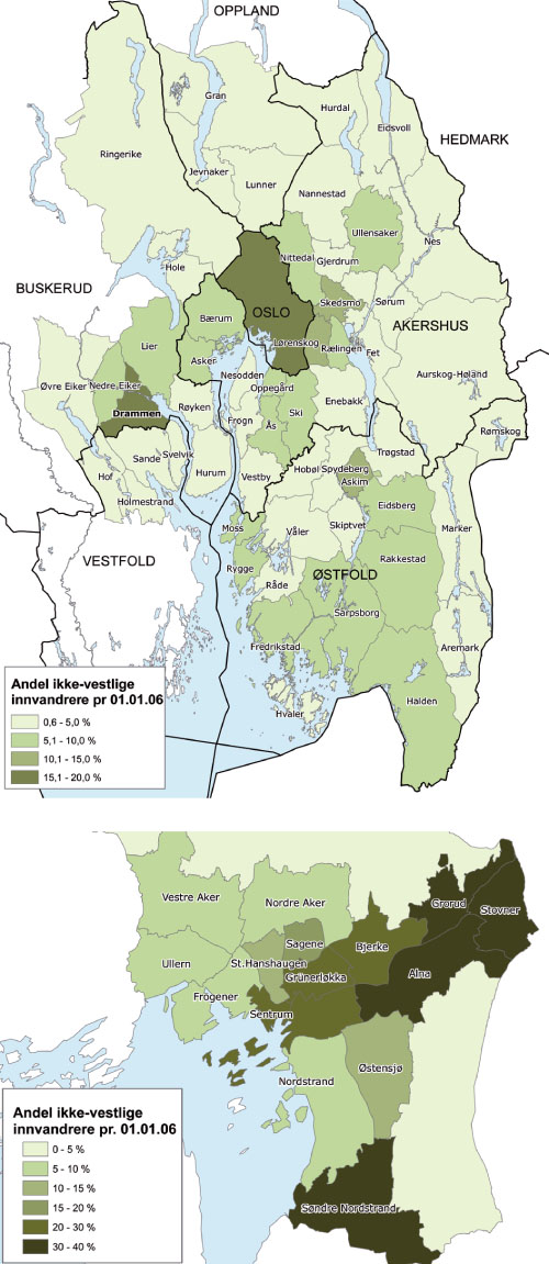 Figur 4.2 Andel ikke-vestlige innvandrere i befolkningen i kommunene
i Osloregionen og Oslos bydeler pr. 1.1.2006.