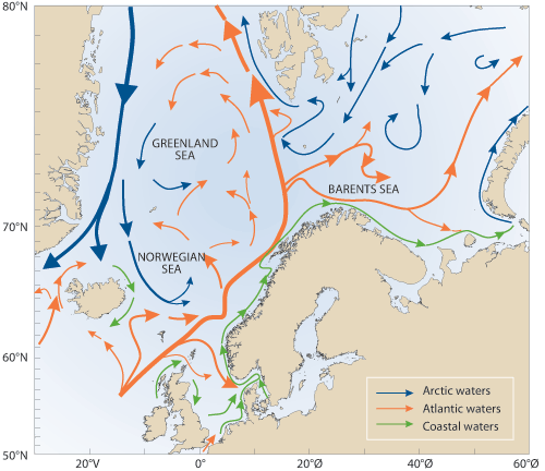 Figure 2.1 The map shows the systems of currents in the North Sea, the
Norwegian Sea, the Greenland Sea and the Barents Sea. The Gulf Stream,
which sweeps into the Norwegian Sea and onwards towards the north
is responsible for the whole of the Norwegian S...