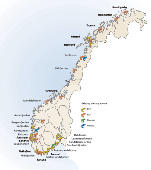 Figure 3.10 Areas which are the subject of dietary advice or restrictions.
These are areas where the content of environmental pollutants is
so high that the food authorities have introduced bans on the sale
of fish and shellfish and/or given advice on the ...