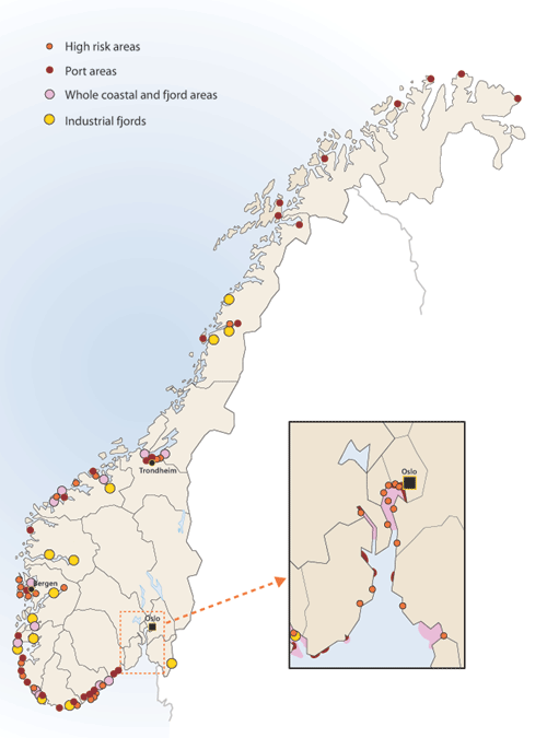 Figure 3.11 Areas with contaminated sediments already mapped. Areas with
contaminated sediments are divided into categories high-risk areas, port
areas, whole coastal and fjord areas and industrial fjords, on the
basis of the size of the areas, the polluti...