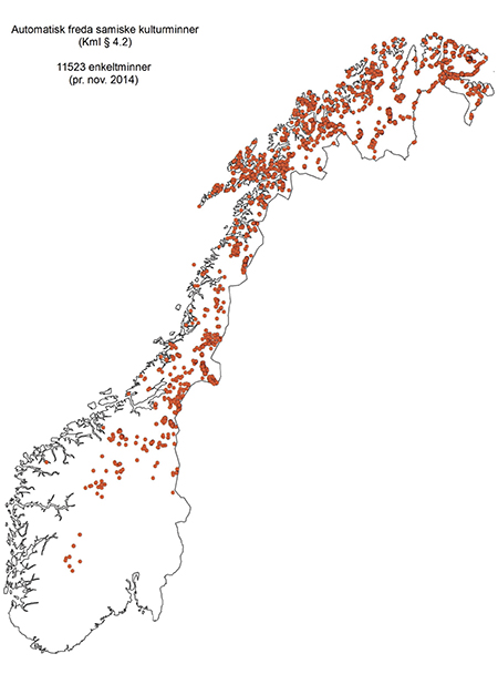 Figur 1.35 Kartet viser kartfestede automatisk fredete samiske kulturminner i Norge per november 2014. Antallet enkeltminner i Askeladden er 11523, men det er omtrent bare halvparten som er kartfestede og vises i kartet. Det er sikkert også flere kulturminner i...