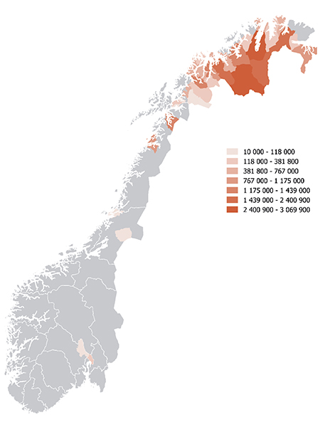 Figur 1.42 Kartet viser en kommunevis fordeling av de søkerbaserte næringstilskuddene i 2014