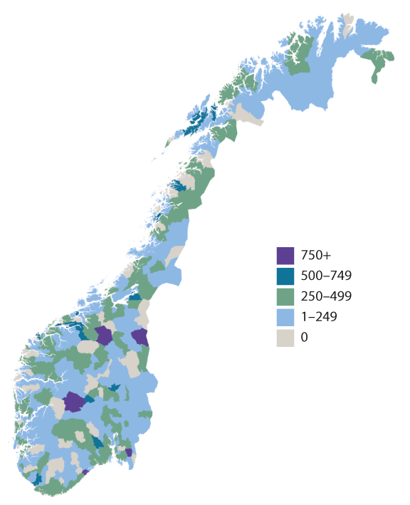 Figur 3.16 Gjennomsnittlig stønadsbeløp hos allmenntannlege per voksne innbyggere. Kroner