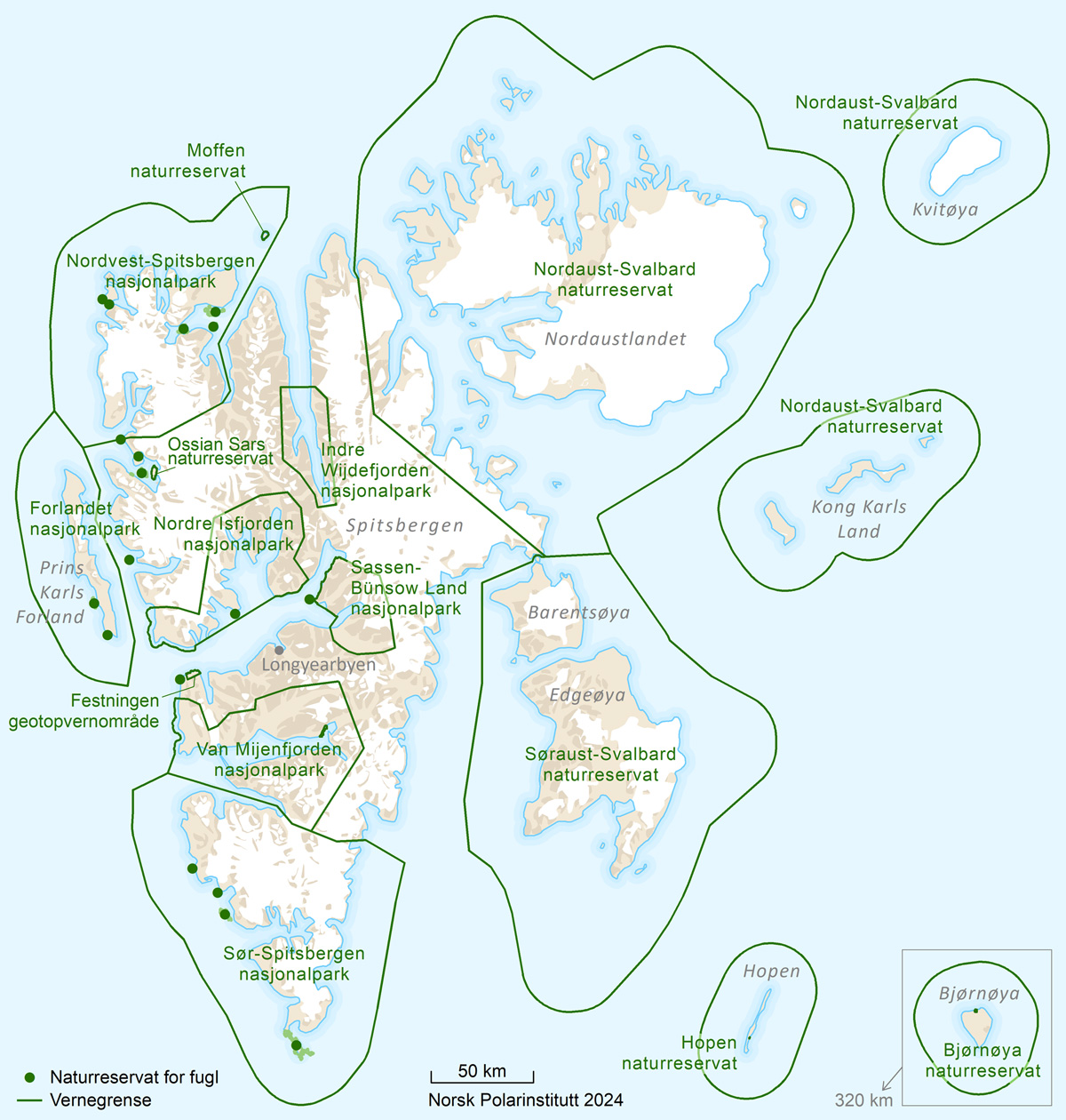 Figur 3.2 Kart over verneområdene på Svalbard.