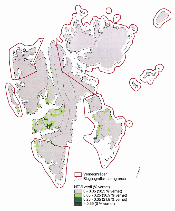 Figur 6.1 Kartet er laget på grunnlag av satelittdata og indikerer hvor det er
sammenhengende vegetasjonsdekke. Det er imidlertid ikke noen entydig sammenheng
mellom vegetasjonens biomasse på den ene siden og vegetasjonens artsrikdom
og forekomster av så...