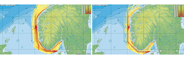 Figure 6.1 Traffic patterns before (left) and after (right) the introduction of the traffic separation schemes