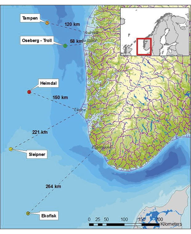 Figure 6.5 The discharge points used for simulation of oil spills