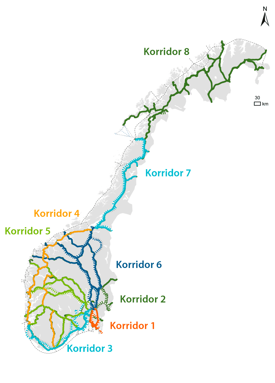 Figur 11.2 Kart med framstilling av korridorene