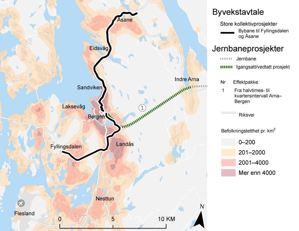 Figur 11.21 Prosjekter og tiltak i Bergens-området