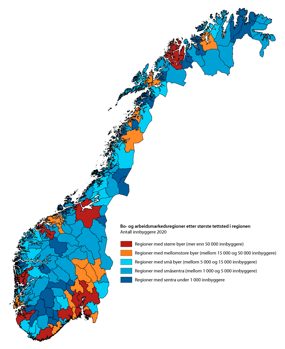 Figur 8.3 Bo- og arbeidsmarkedsregioner (BA-regioner) etter største tettsted i regionen1
