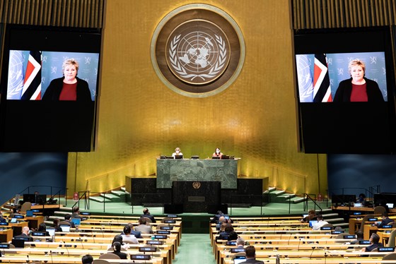 PM Solberg speaking to the UN