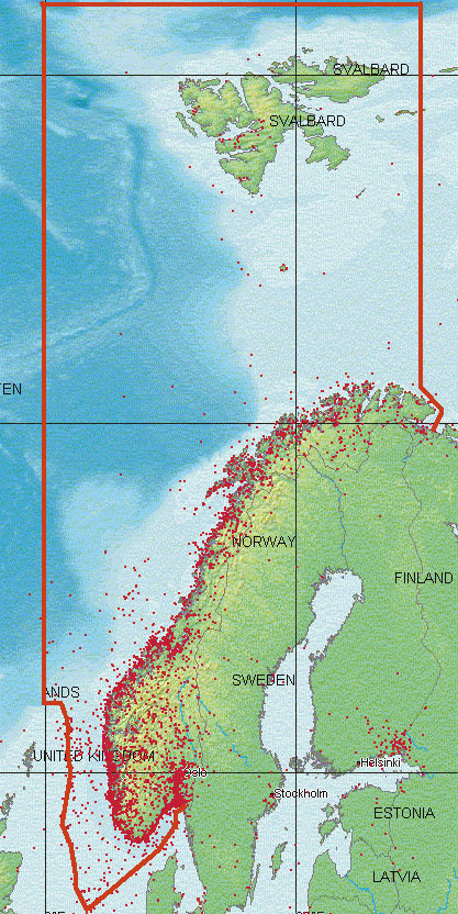 Figur 6.1 Norsk redningstjenestes ansvarsområde, samt registrerte
hendelser i 2007.