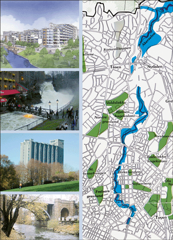 Figure 1.1 Illustrations from the river basin of Akerselva: Housing project, old manufacturing building now housing restaurants, cultural venues and businesses, grain silo transformed into student flats, and the Sanner bridge.