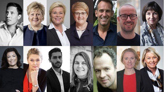 Bildecollage som viser fra venstre oppe: OnklP, Erna Solberg, Siv Jensen, Trine Skei Grande, Carsten Skjelbreid, Simen Markussen, Sigrun Vågeng. Rad to fra venstre: Kristin Skogen Lund, Gina Lund, Javad Mushtaq, Beate Brinchmann, Jon Rogstad, Anniken Hauglie, Monica Mæland