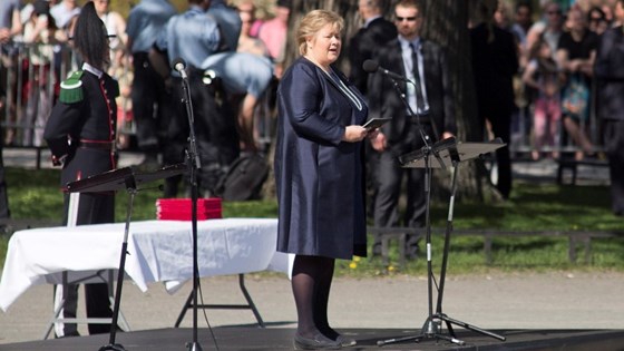 Statsminister Erna Solberg var en av de som holdt tale på 8. mai. Statsminister Erna Solberg var en av de som holdt tale på 8. mai.
