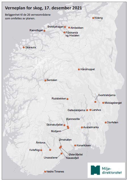 Kart over 26 nye skogområder i sju fylker som vernes som naturreservater.